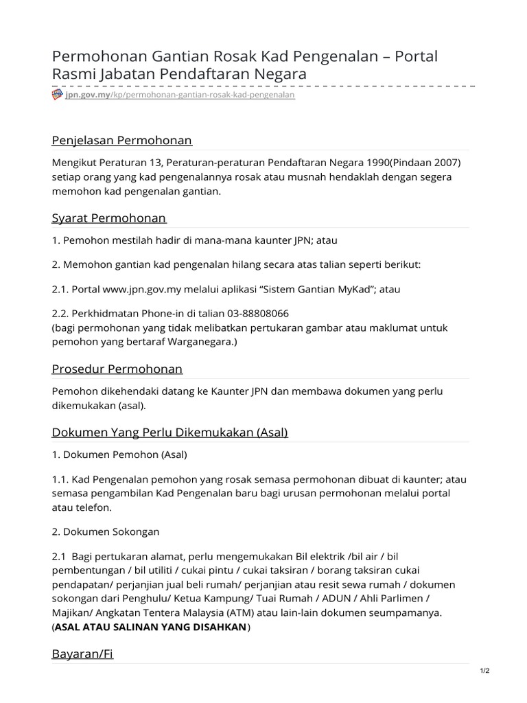 Jpn Gov My Permohonan Gantian Rosak Kad Pengenalan Portal Rasmi Jabatan Pendaftaran Negara Pdf