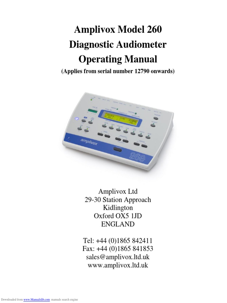 Amplivox Model 260 Diagnostic Audiometer Operating Manual (Applies From Serial Number 12790 Onwards) PDF Headphones Microphone