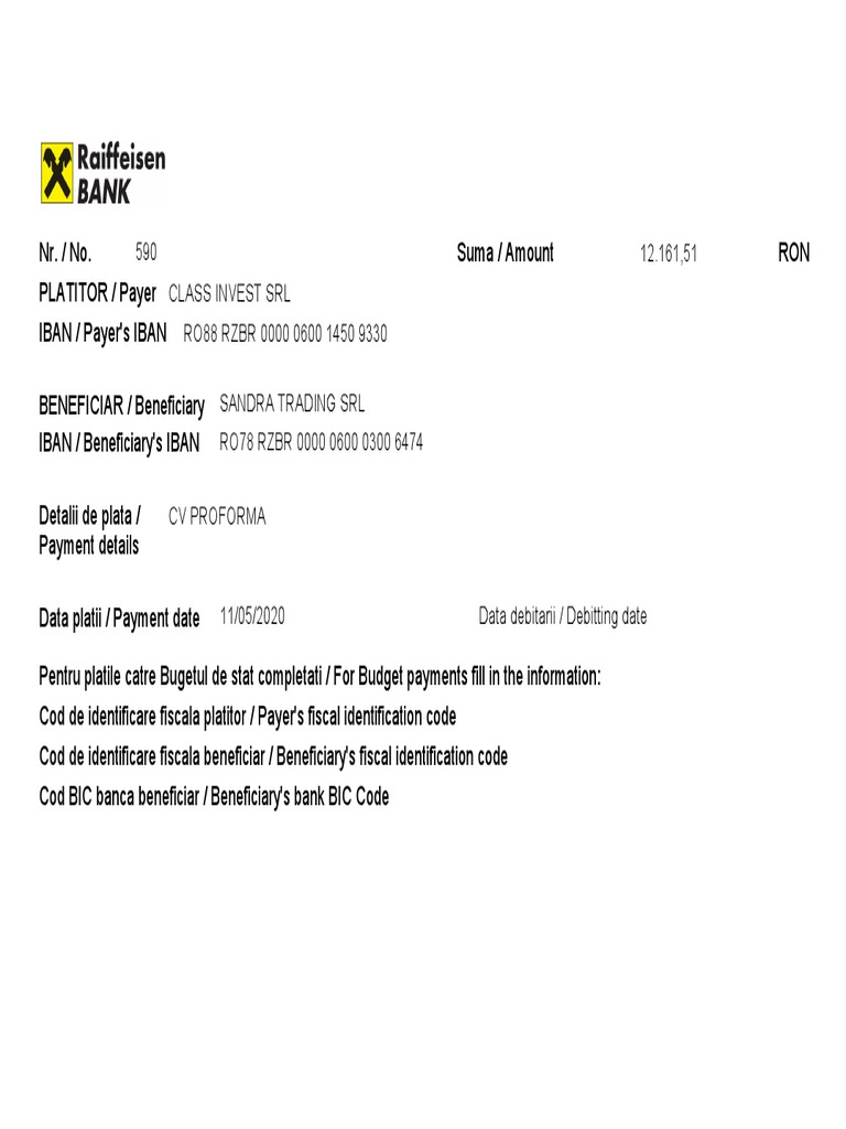 Ordin De Plata Lcy Plata Intrabancara In Conturi La Raiffeisen Bank 11 05 20