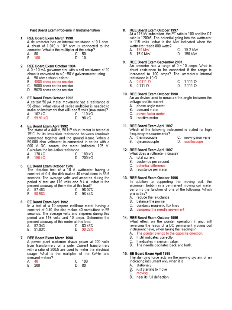 Past Board Exam Questions in Instrumentation PDF Resistor Force