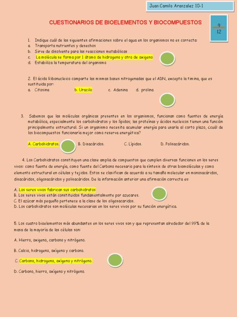Cuestionarios sobre Biocompuestos y Bioelementos | PDF | Carbohidratos ...