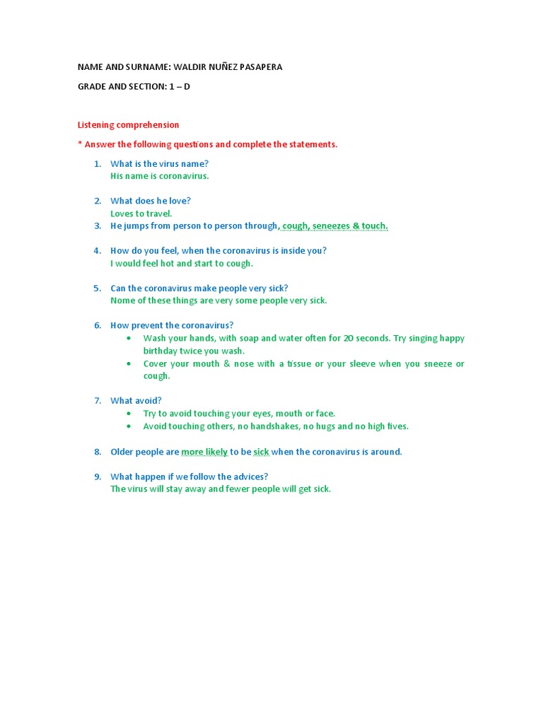 Listening Comprehension Answer The Following Questions and Complete The ...