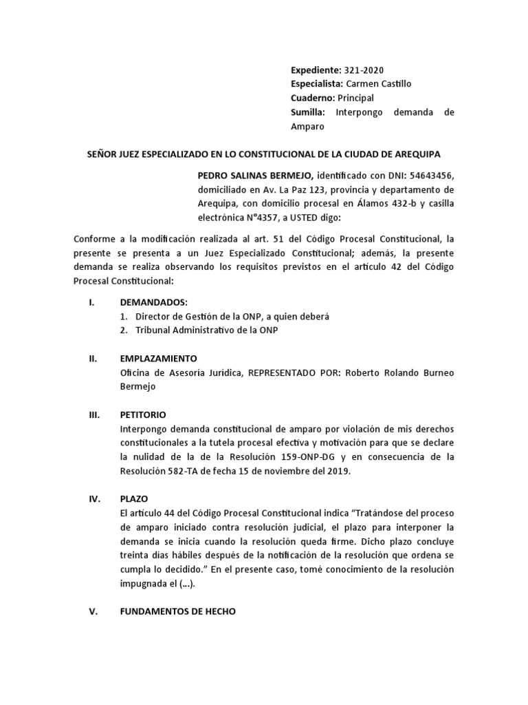 Demanda de Amparo por Pensión ONP | PDF | Demanda judicial | Ley procesal