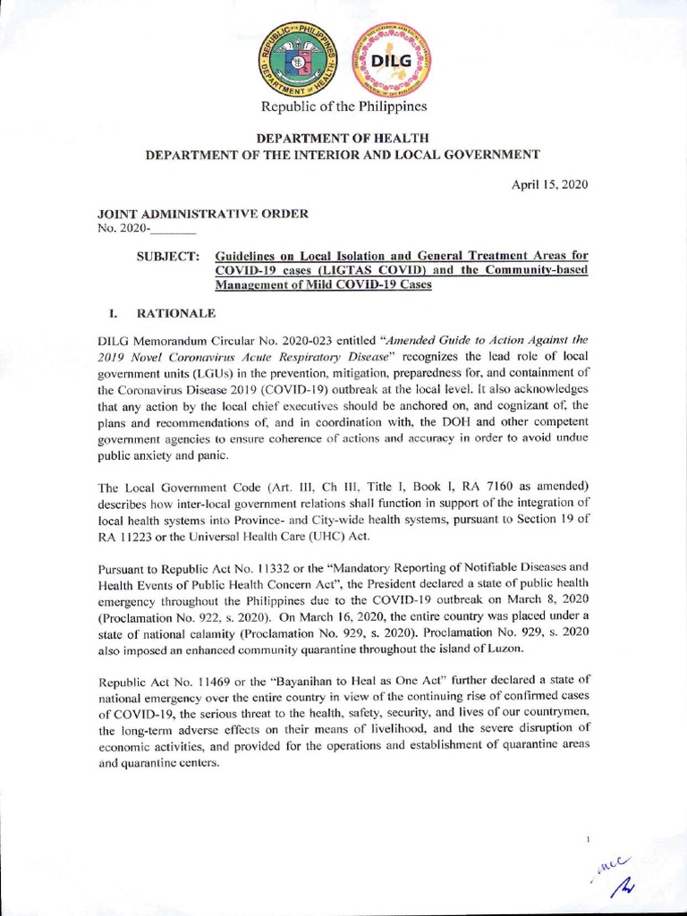 DOH DILG JOA Guidelines On Local Isolation and General Treatment Areas