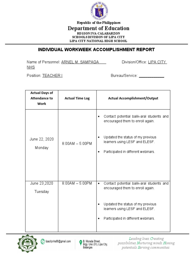 Weekly Accomplishment Report for Teachers | PDF | Learning