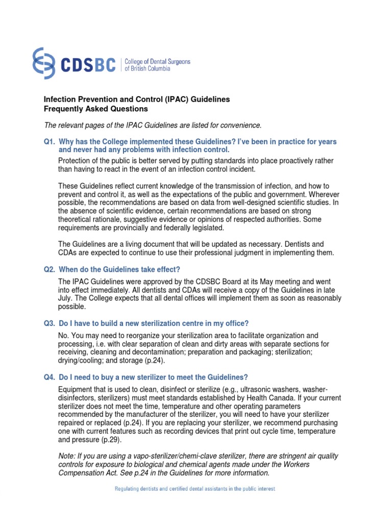 Infection Prevention and Control (IPAC) Guidelines Frequently Asked Questions PDF Infection