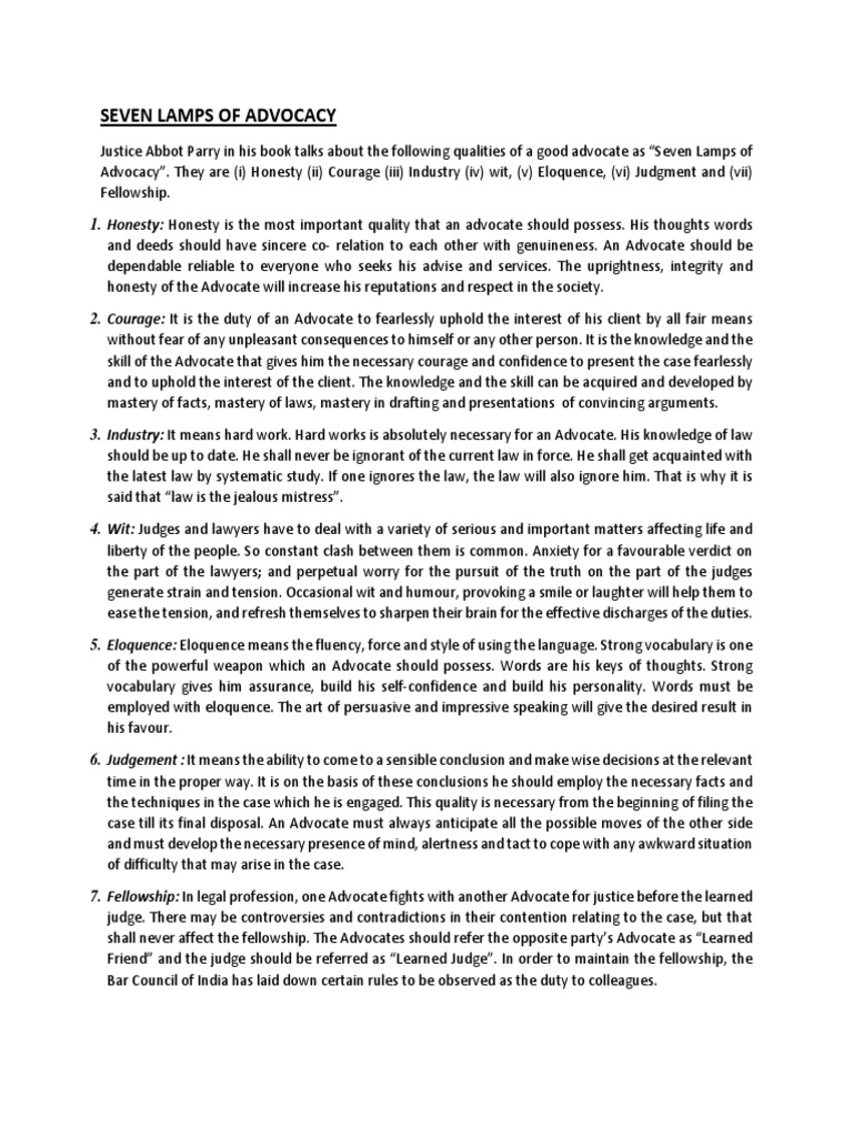 Seven Lamps Of Advocacy Pdf Advocate Lawyer