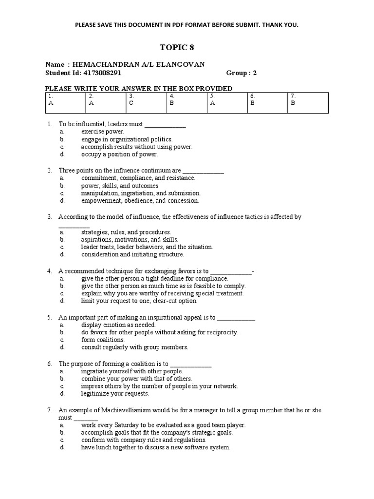 Leadership Influence Quiz Answers | PDF | Influence (Social And ...
