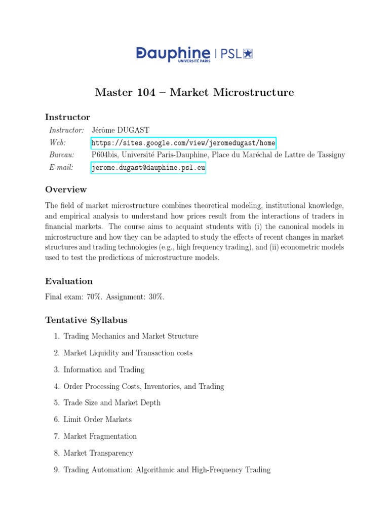 Master 104: Market Microstructure Course | PDF