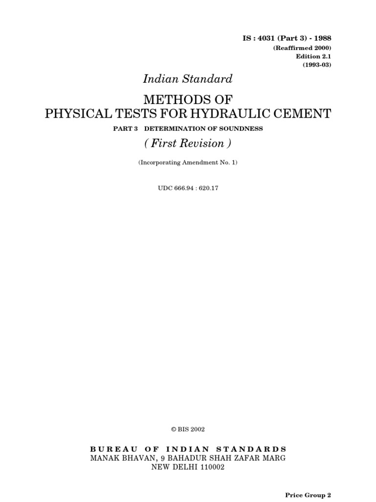 Is 4031 part 3 method of physical tests for hydraulic ceme pdf