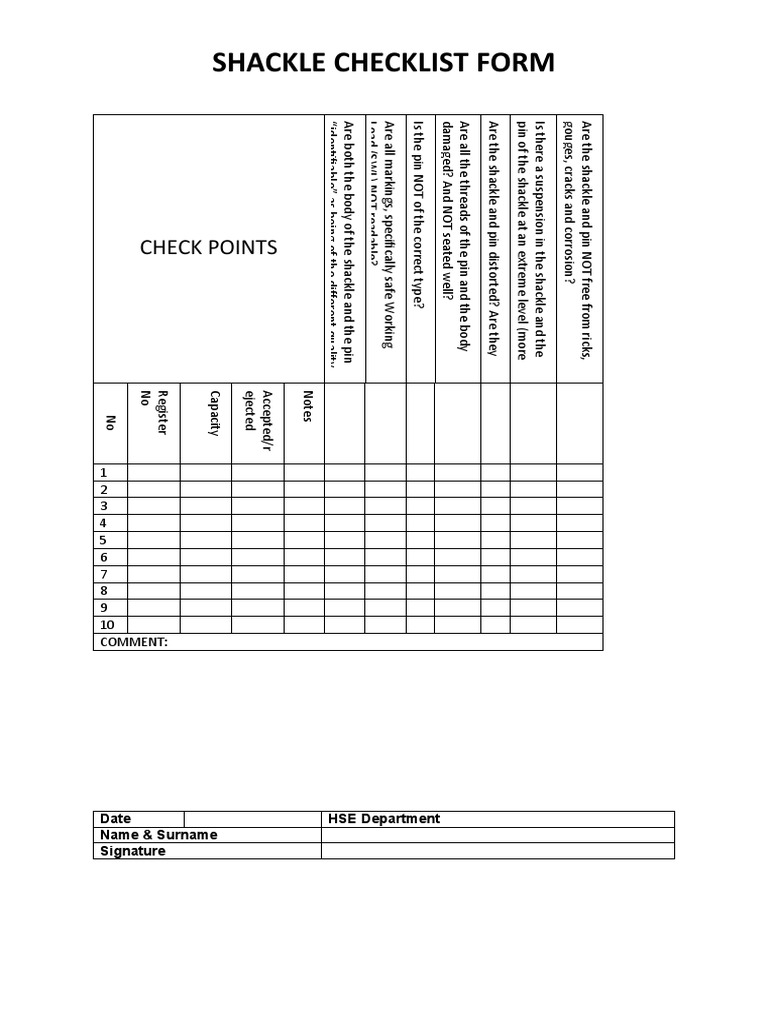 Shackle Checklist Form PDF Joining Nature