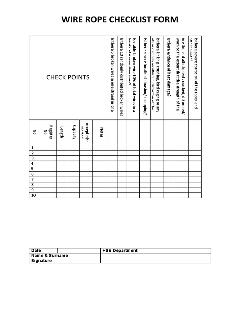 Wire Rope Inspection Checklist Form | PDF | Rope | Wire
