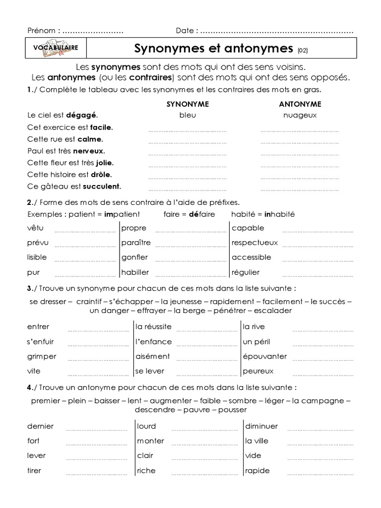 Synonyme Et Antonyme Exercice Pdf