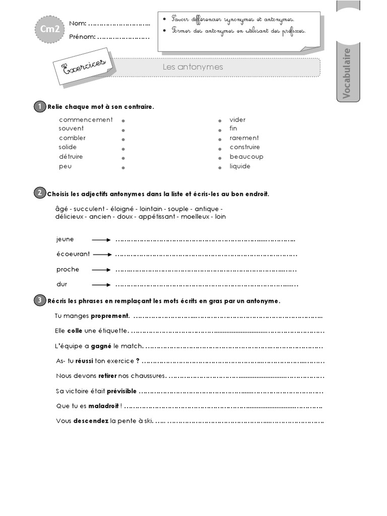 Synonyme Et Antonyme Exercice Pdf cm2 Exercices CONTRAIRES | PDF | Sémiotique | Linguistique