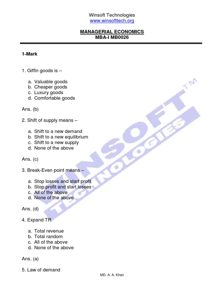 Managerial Economics MBA Exam Questions | PDF | Price Elasticity Of ...
