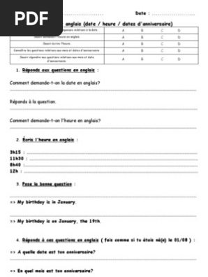Evaluation Anglais Cm1 Date