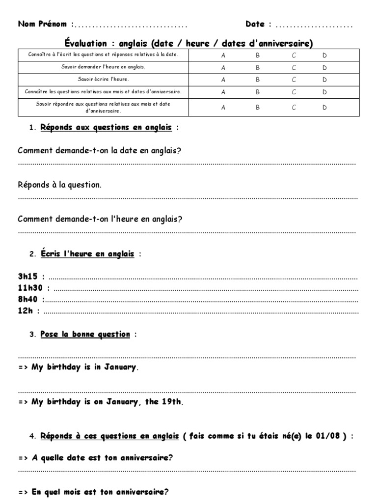 Evaluation Sommative Cm2 Anglais Date Heure Anniversaire