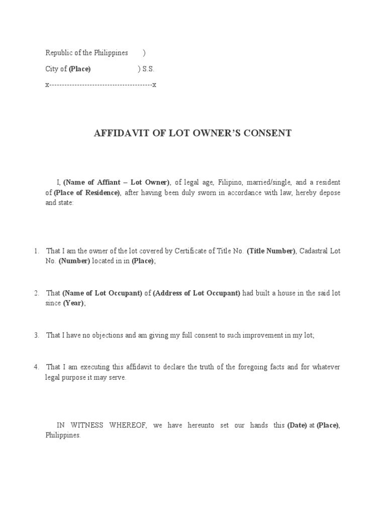 Lot Owner's Consent Affidavit Template | PDF | Law