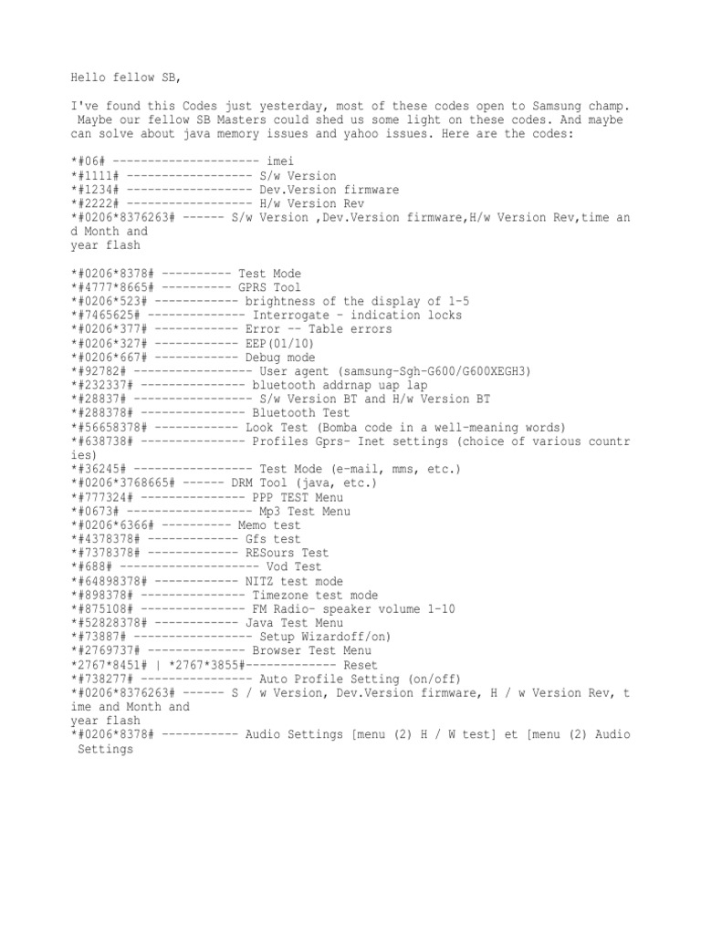 Samsung Champ Secret Codes List | PDF | Computer Engineering | Electronics