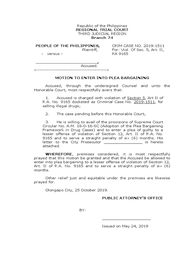 Motion for Plea Bargaining in Drug Case | PDF | Finance & Money ...
