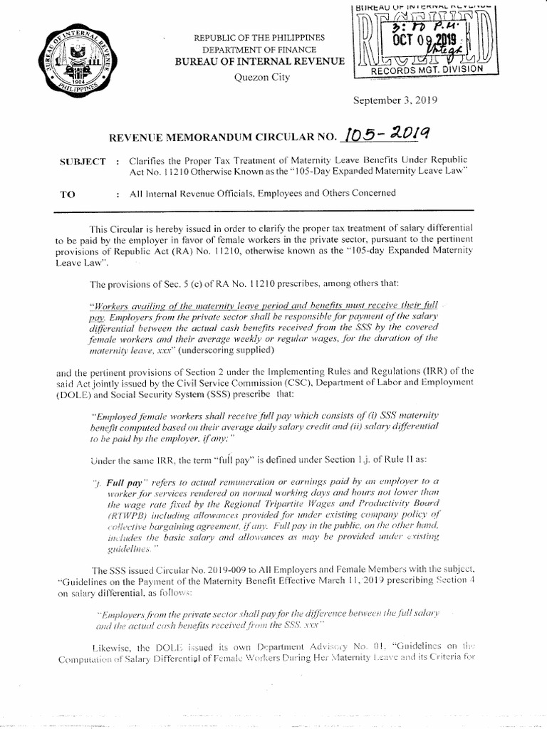 RMC 2019 No. 105 Proper Tax Treatment of Maternity Leave Benefits PDF Salary Social