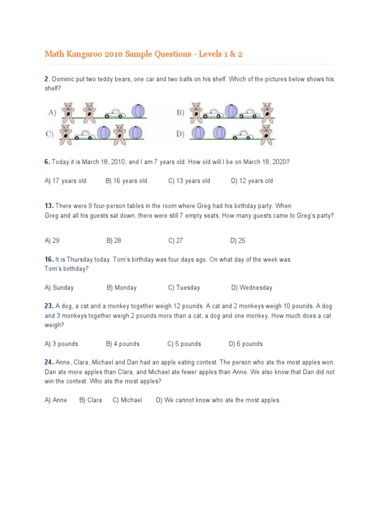 Math Kangaroo 2010 Sample Questions | PDF | Teaching Methods & Materials