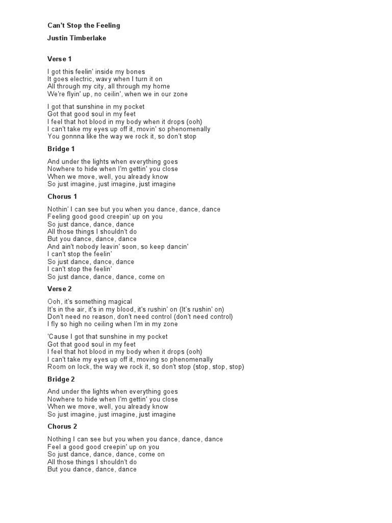 Can't Stop The Feeling Lyrics | PDF | Songs