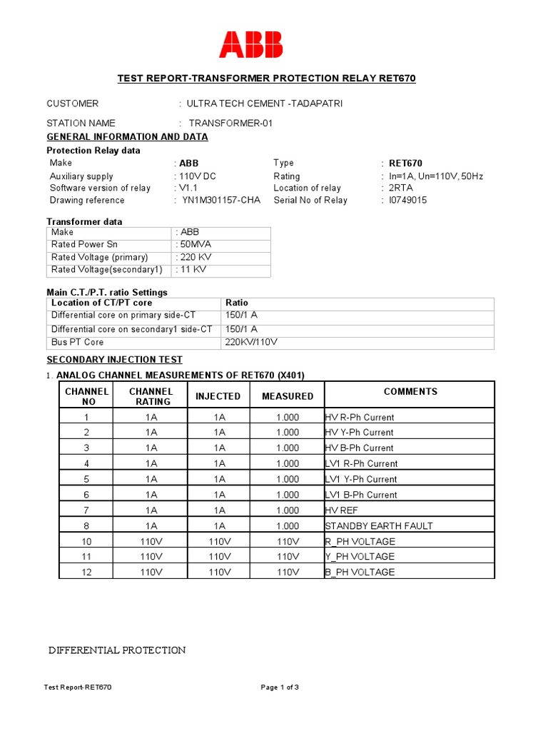 RET670 Test Report Differential PDF Mains Electricity Amplifier