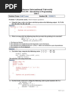 Lebanese International University: CSCI 250 - Introduction To Programming Quiz-2 Student Name: Student ID