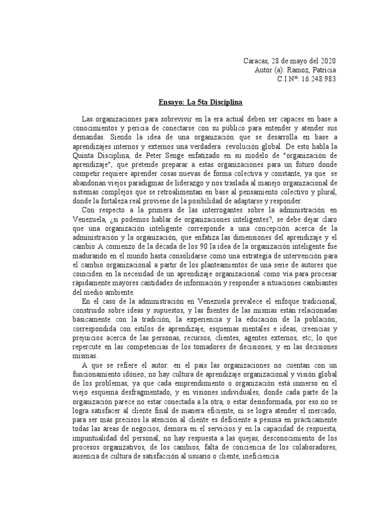 Ensayo de La Quinta Disciplina PDF Inteligencia Aprendizaje
