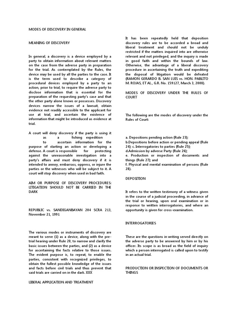 Modes of Discovery in General | PDF | Deposition (Law) | Discovery (Law)