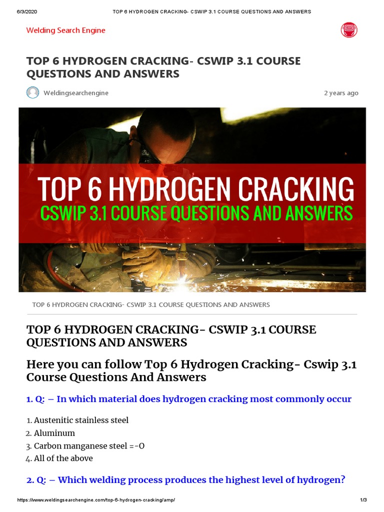 Top 6 Hydrogen Cracking - Cswip 3.1 Course Questions and Answers | PDF ...