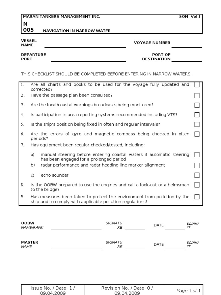 Narrow Water Navigation Checklist | PDF