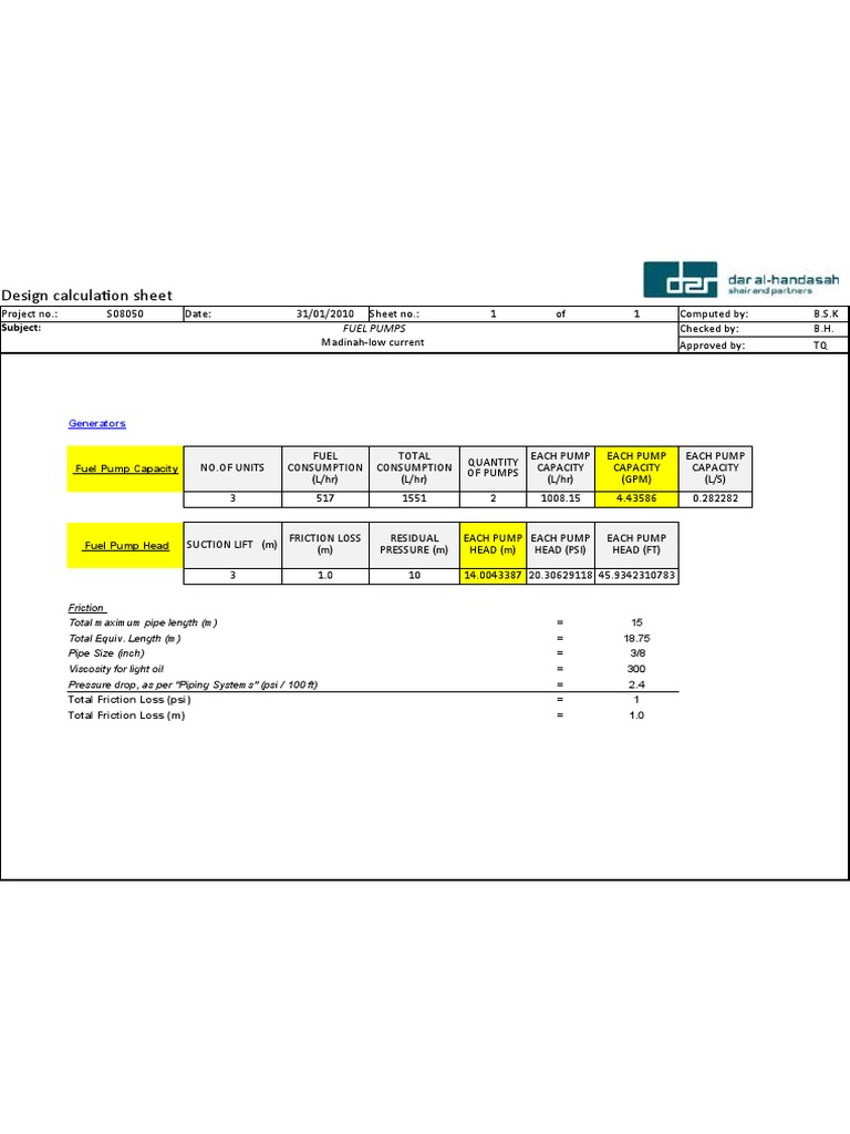 Fuel Pump Sizing Calculations for Madinah Generators PDF Pump