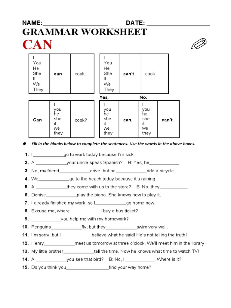 Can Grammar Worksheet | PDF