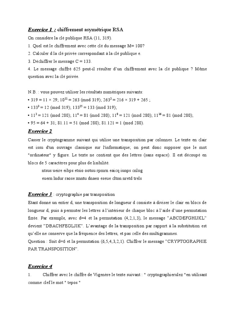 Exercices corrigés de cryptographie RSA | PDF | Public-key cryptography ...