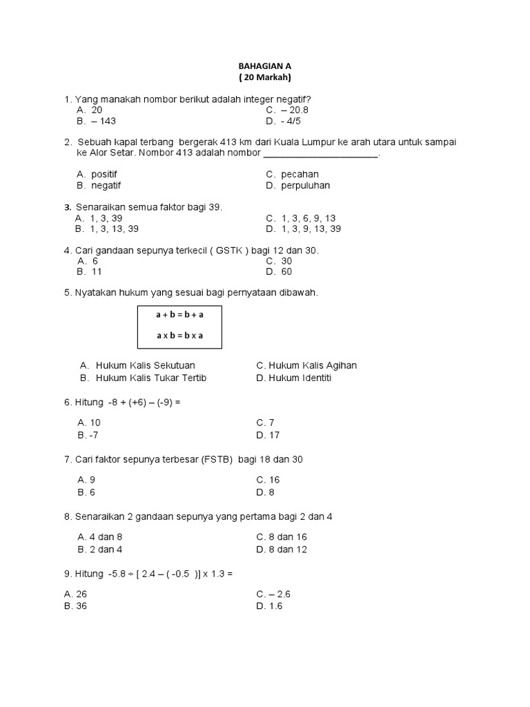 Soalan Matematik F1: Algebra dan Faktor | PDF