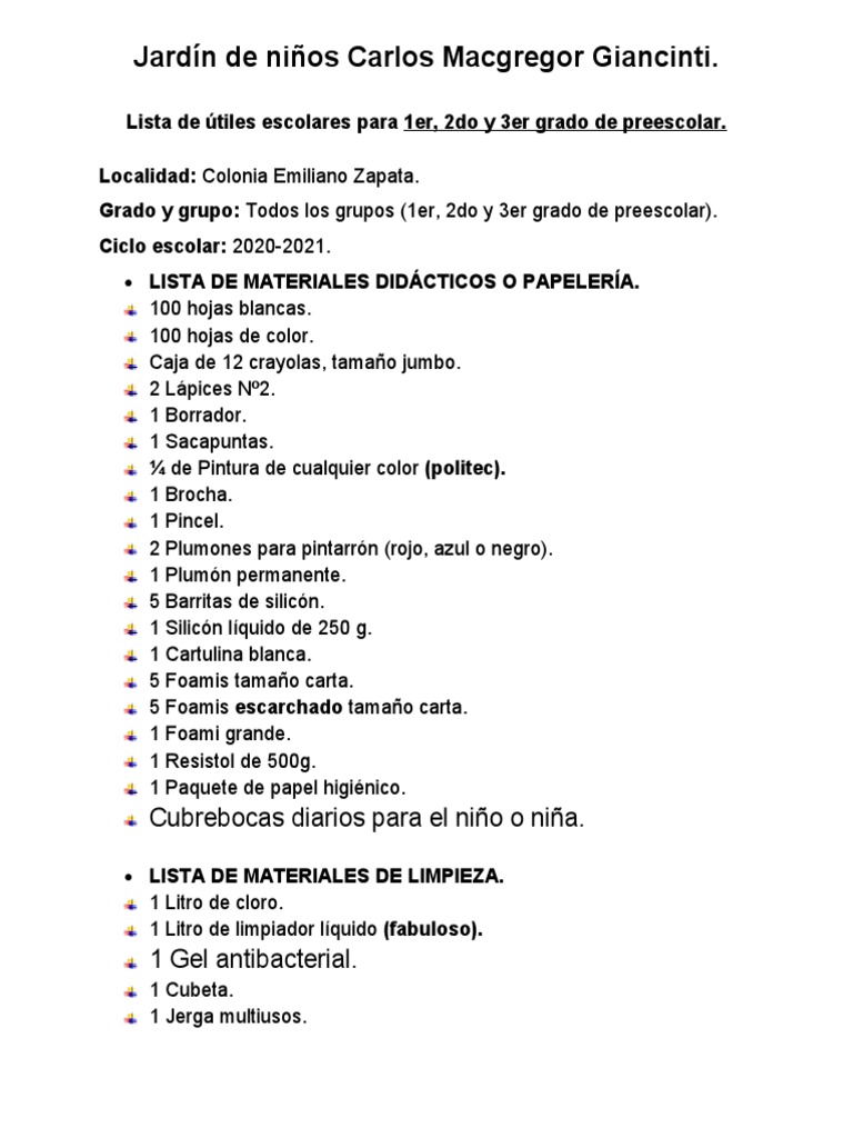 LISTA DE ÙTILES ESCOLARES DEL KINDER. Grafito Papelería