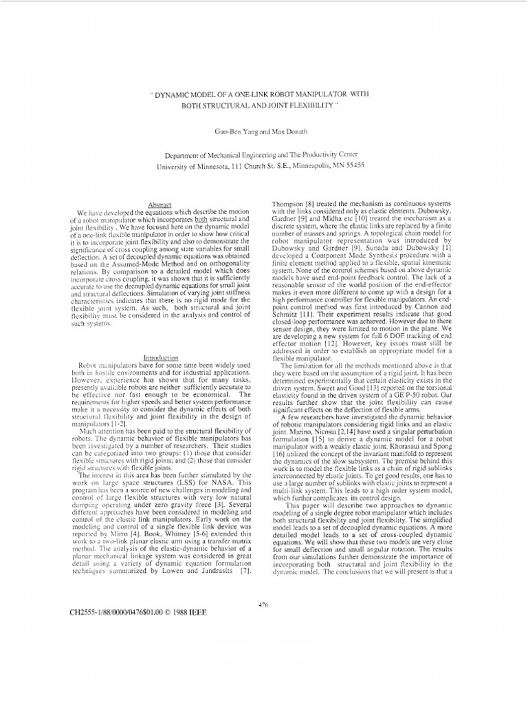 Dynamic Model of Flexible Robot Manipulator | PDF | Stiffness | Beam ...