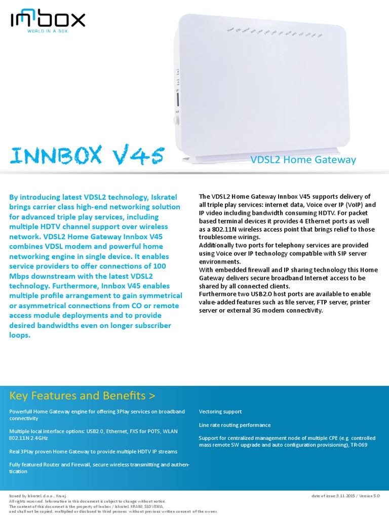 Iskratel Innbox V45 Home Gateway Overview | PDF | Wireless Lan | Voice ...