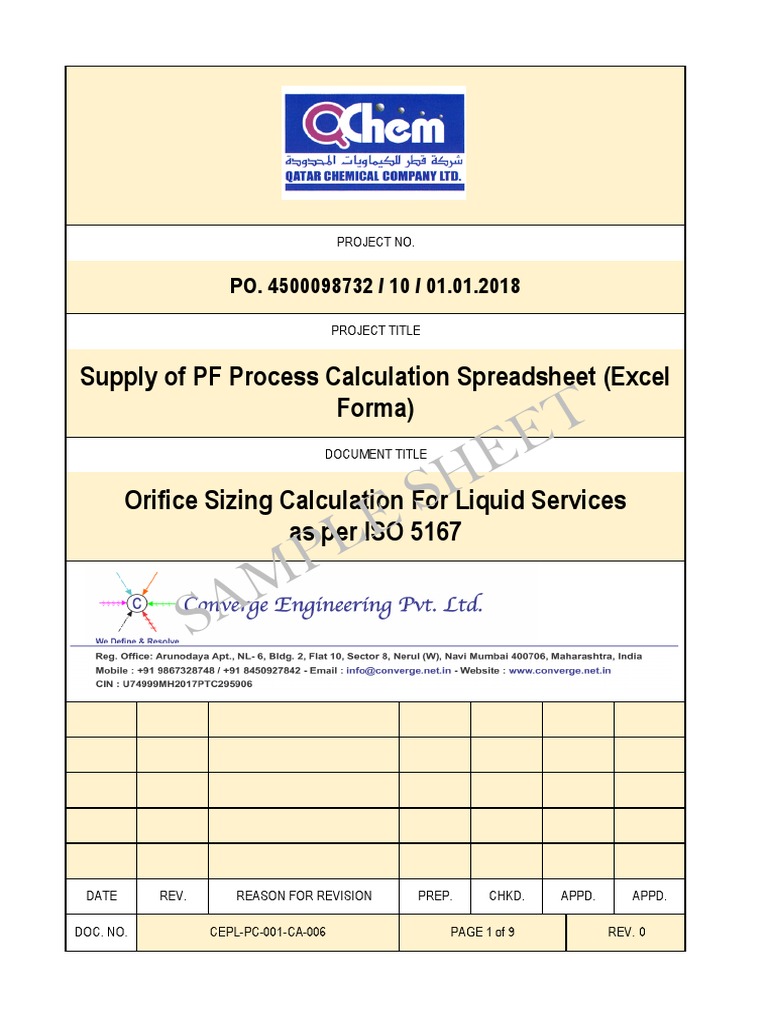 Sample Sheet: Supply of PF Process Calculation Spreadsheet (Excel Forma ...