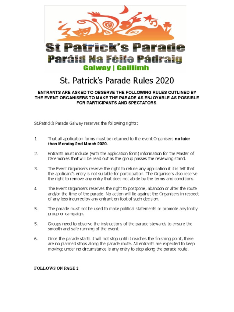 St. Patrick's Parade Rules 2020 | PDF | Law