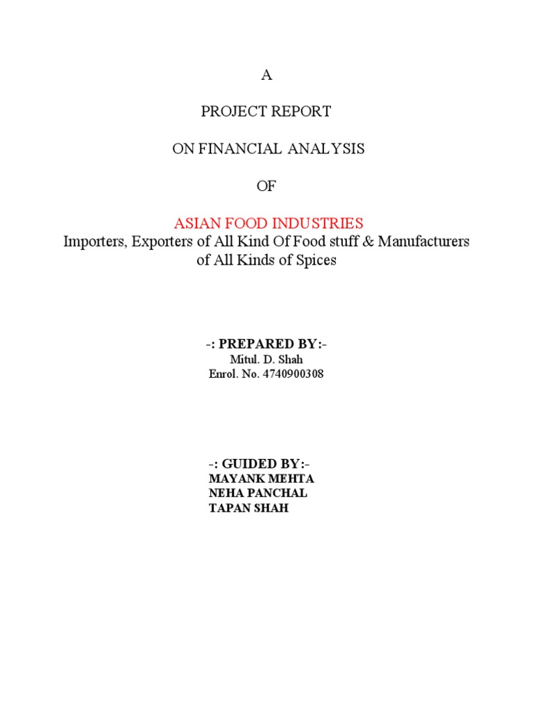 A Project Report On Financial Analysis OF Asian Food Industries PDF