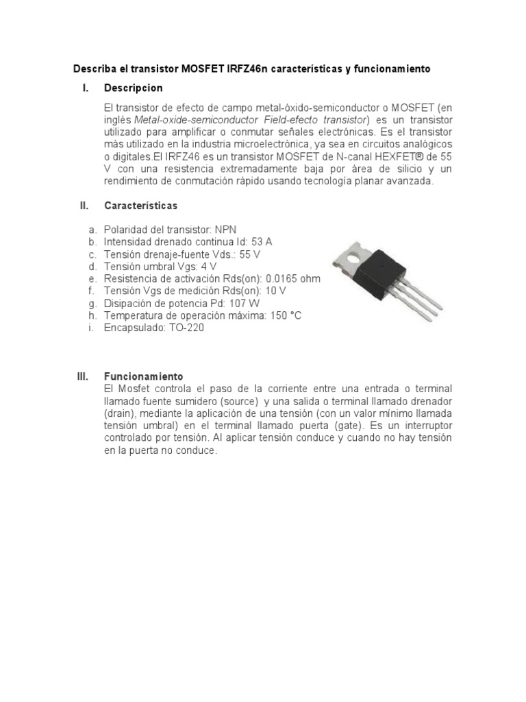 Describa El Transistor MOSFET IRFZ46n Características y Funcionamiento