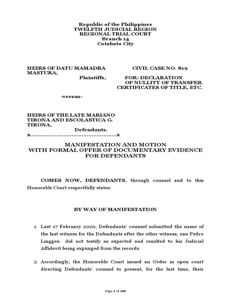 Motion for Documentary Evidence in Court | PDF | Witness | Testimony