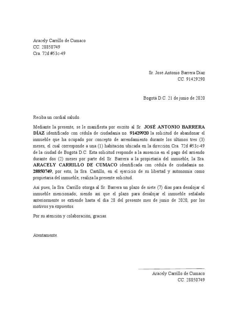 Ejemplo De Una Carta De Desalojo