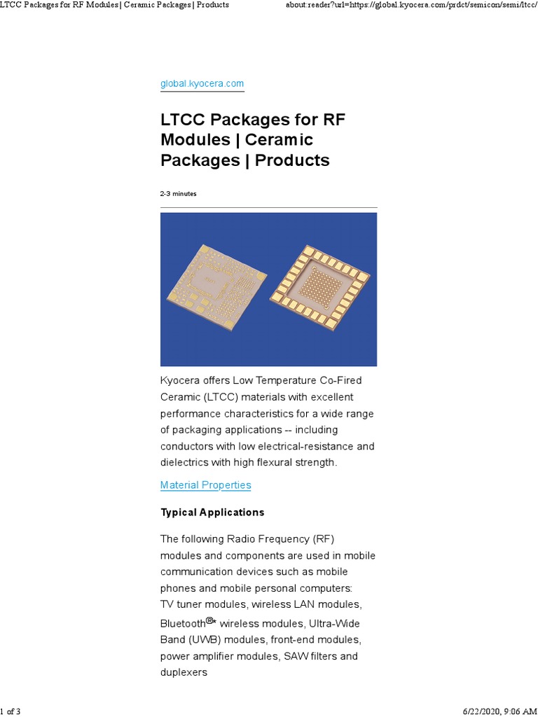 LTCC Packages For RF Modules - Kyocera | PDF | Wireless | Materials