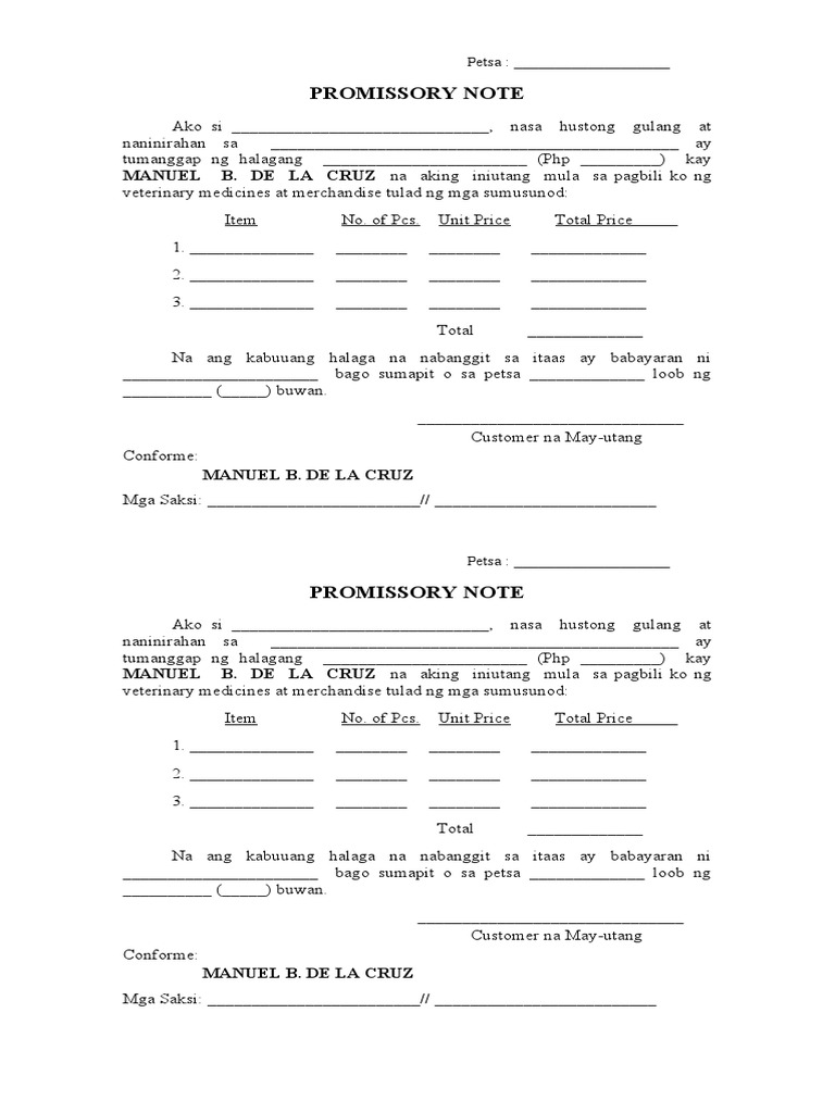 PROMISSORY NOTE Tagalog FORM BLANK PDF