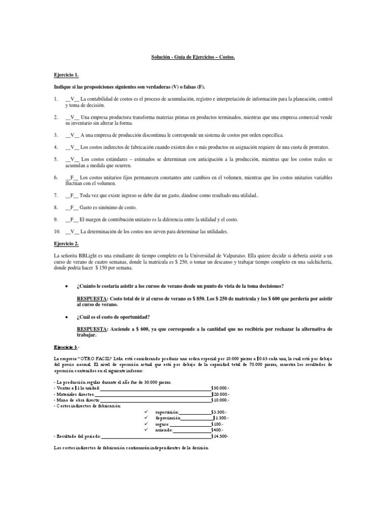 Guía de Ejercicios sobre Costos Empresariales | PDF | Contabilidad de ...