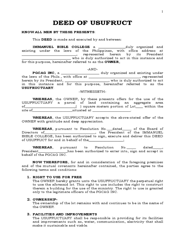 Deed of Usufruct PDF Private Law Common Law